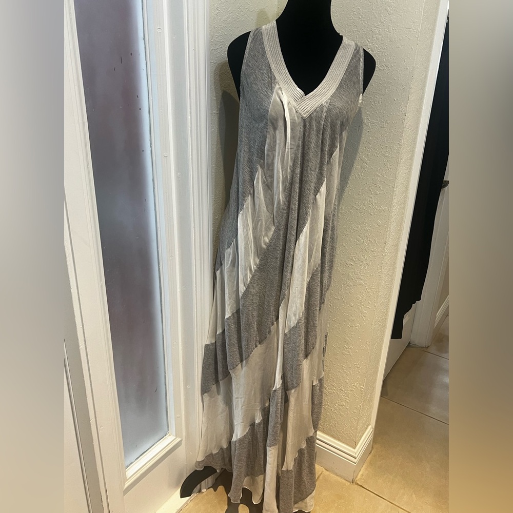 Gray and White V-neck Striped Maxi Dress
